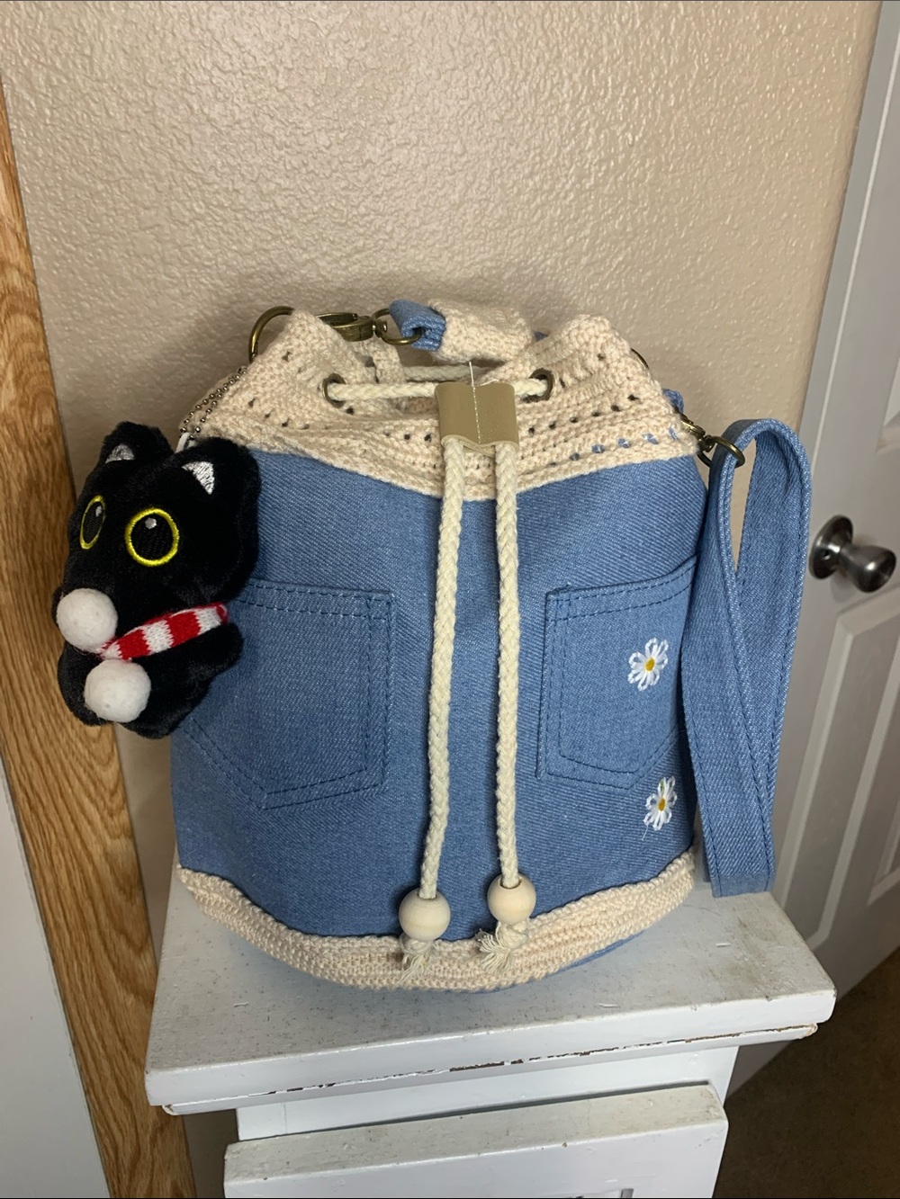 Denim Light Blue Bucket Bag with Crochet Trim & Daisies